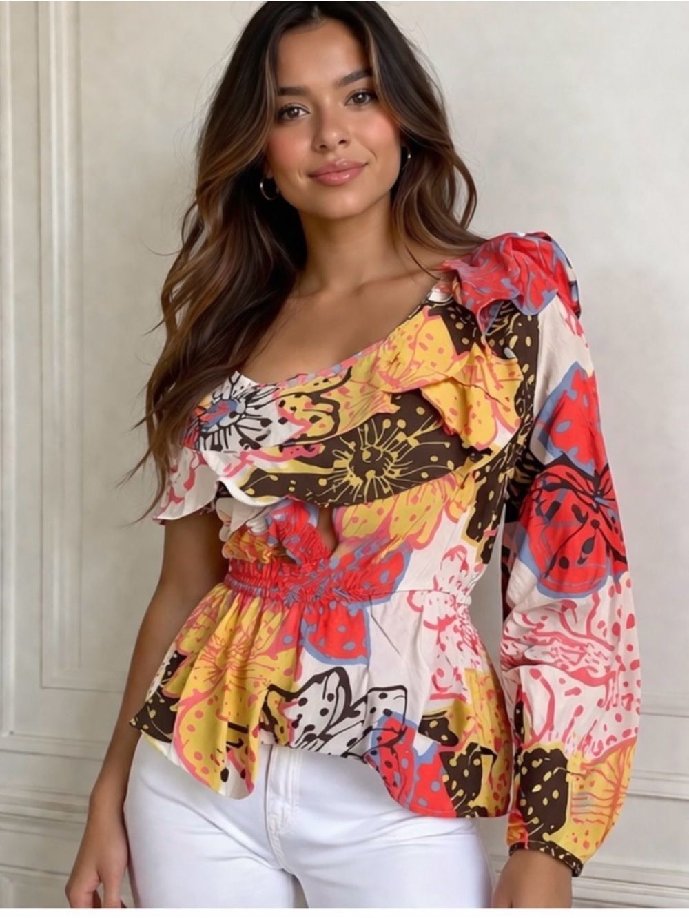One Shoulder Floral Ruffle Blouse | Statement Print Peplum Top